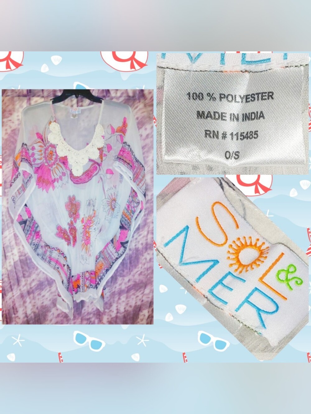 Sol & Mer Wht/Multiclr w/Cream Crochet Trim Sheer Chiffon Cover-up Top 1 Size